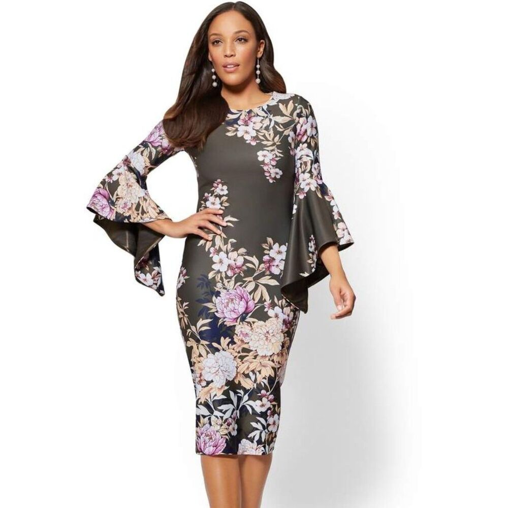 NY & CO Stretch Floral Hunter Green Midi Sheath Dress - Size L - Picture 1 of 8